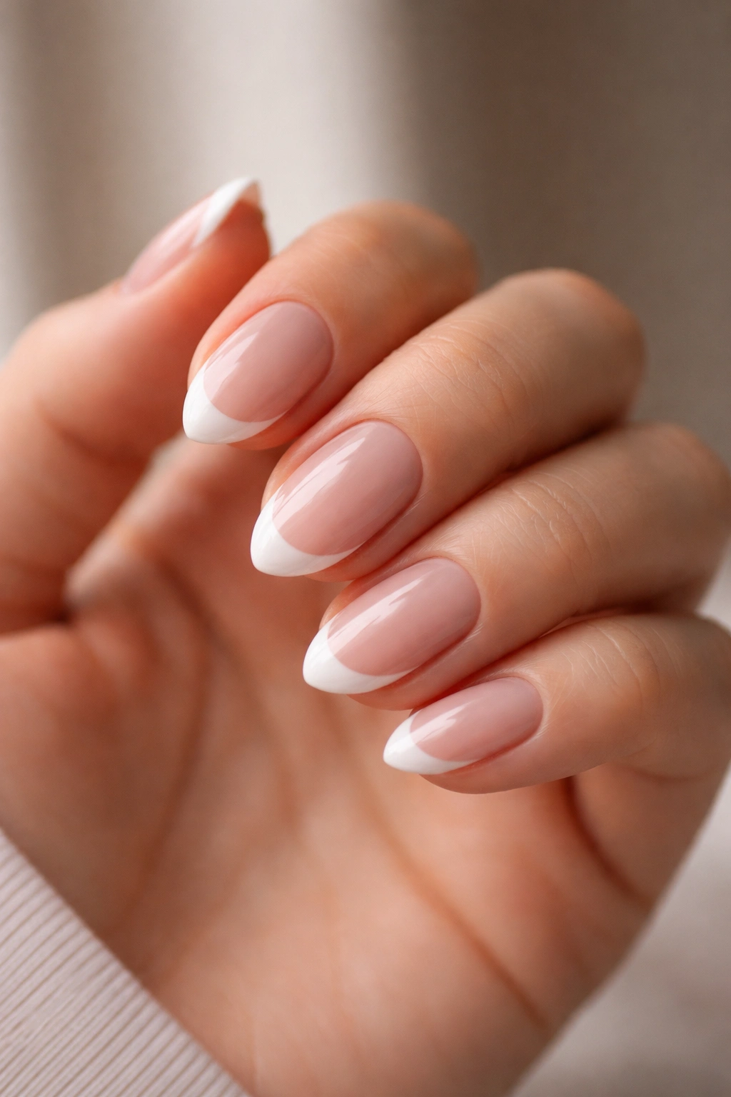 Close-up of hand with short almond nails showing clean French tips