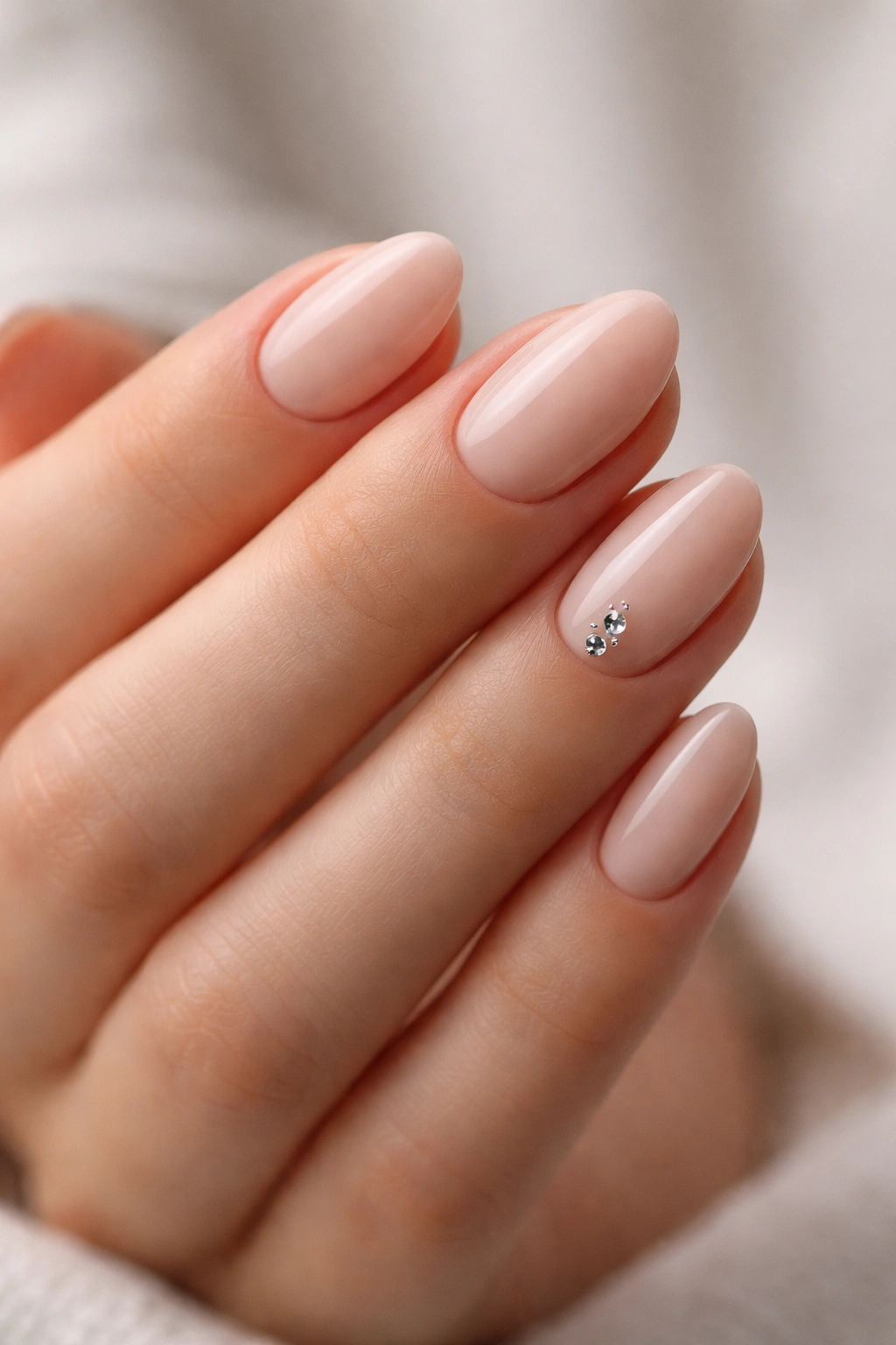 Close-up of very short almond nails with tiny rhinestones near the cuticle on a neutral background