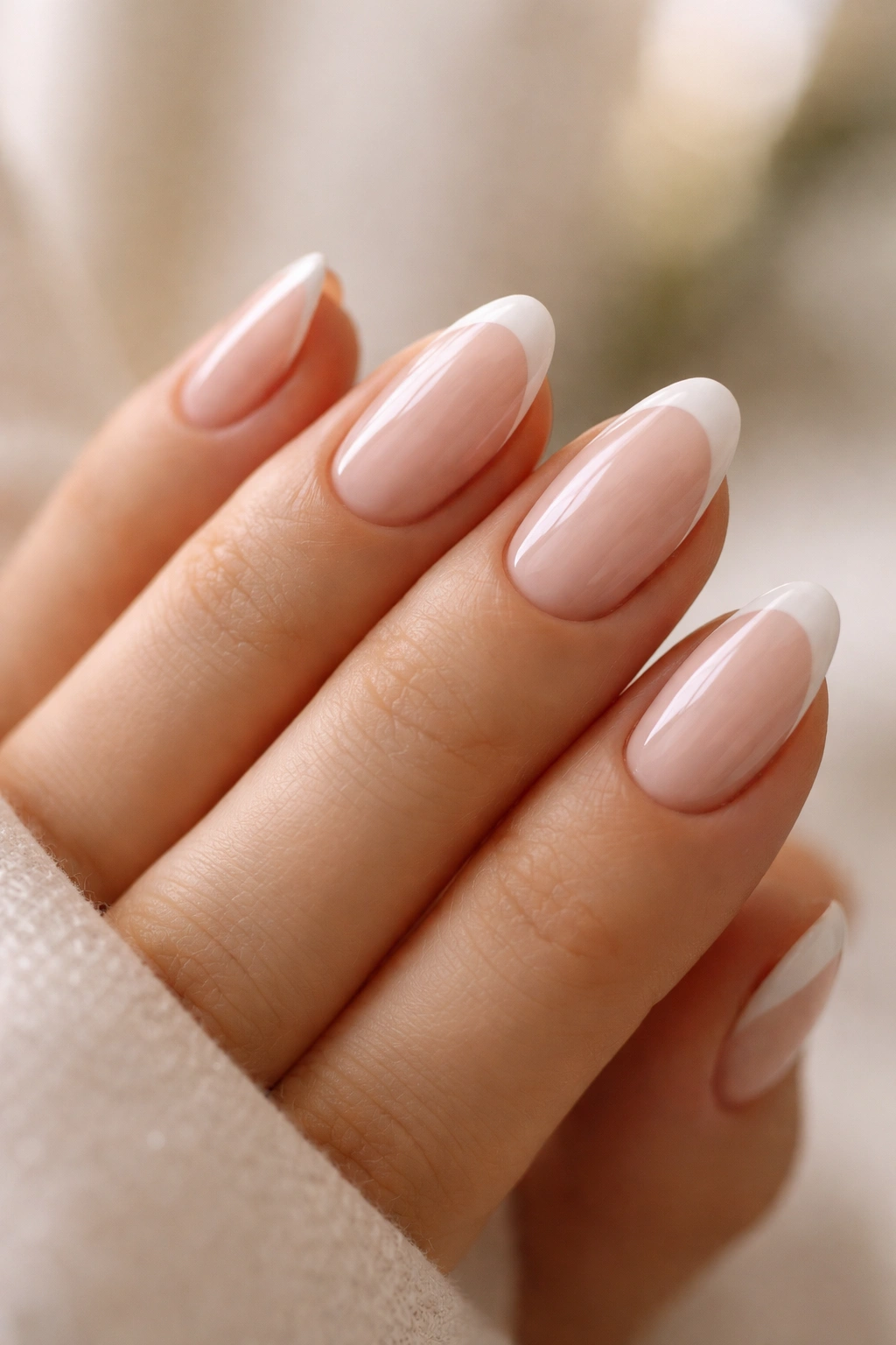 Close-up of hand with short almond nails and balanced French line