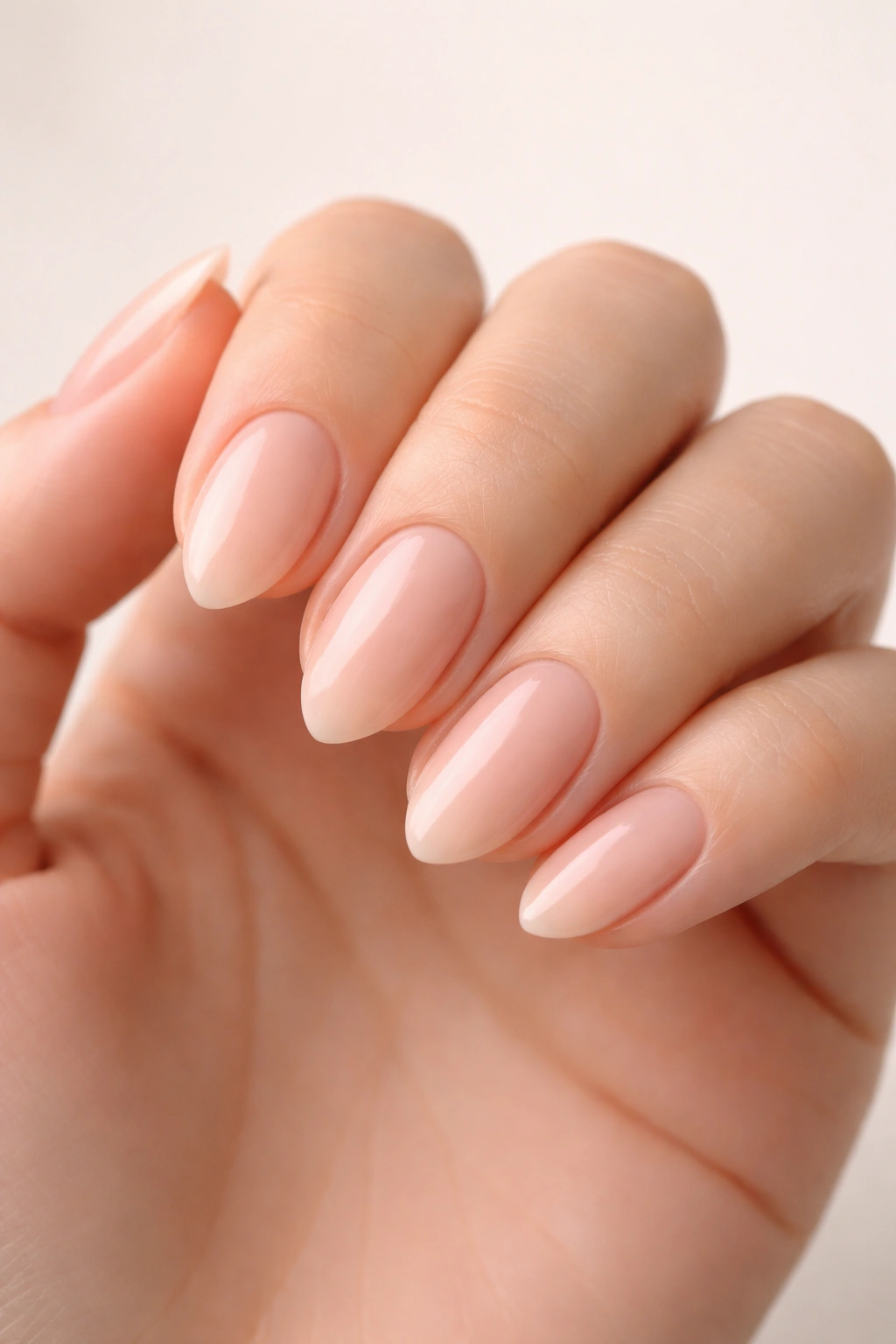 Close-up of hand with short almond nails in nude polish
