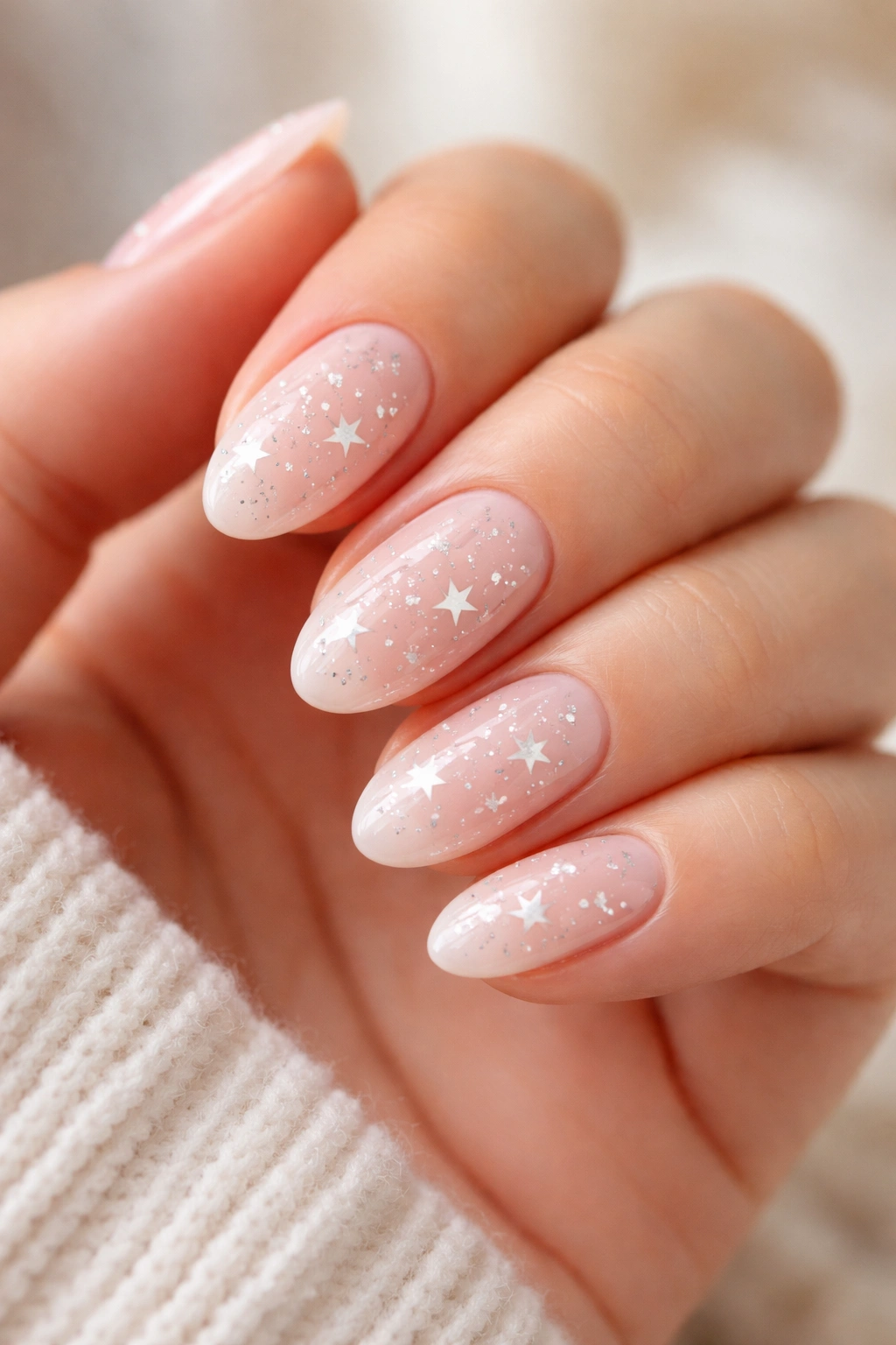 Close-up of short almond star nails with glossy finish