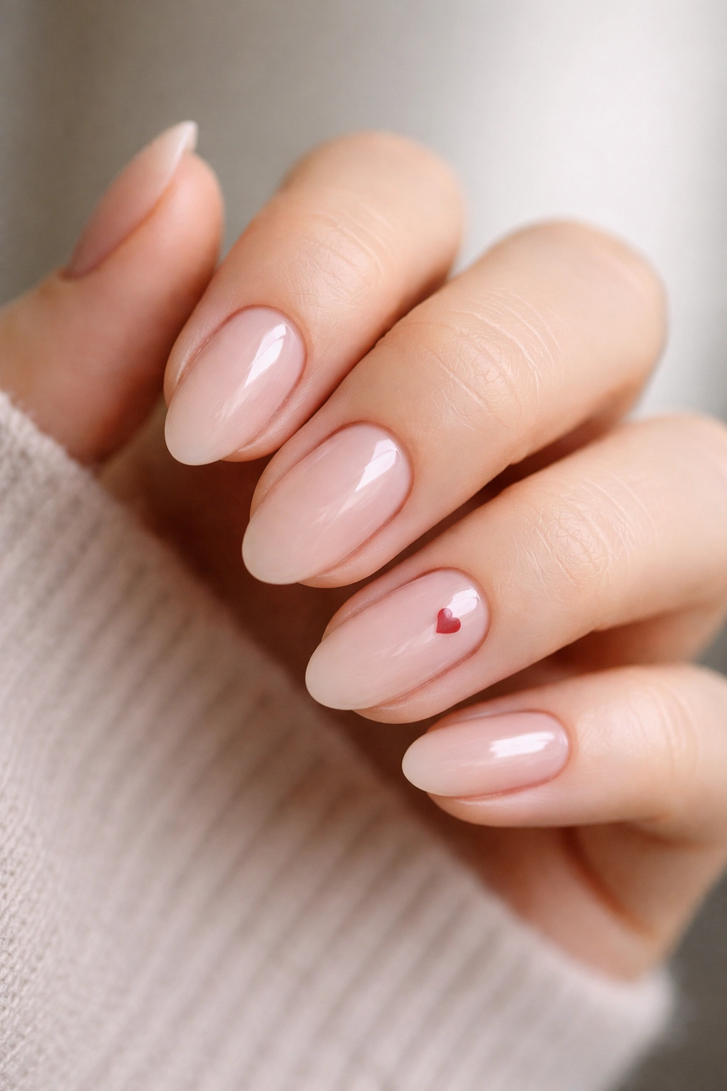 Close-up of short almond nails with a tiny heart accent on one nail