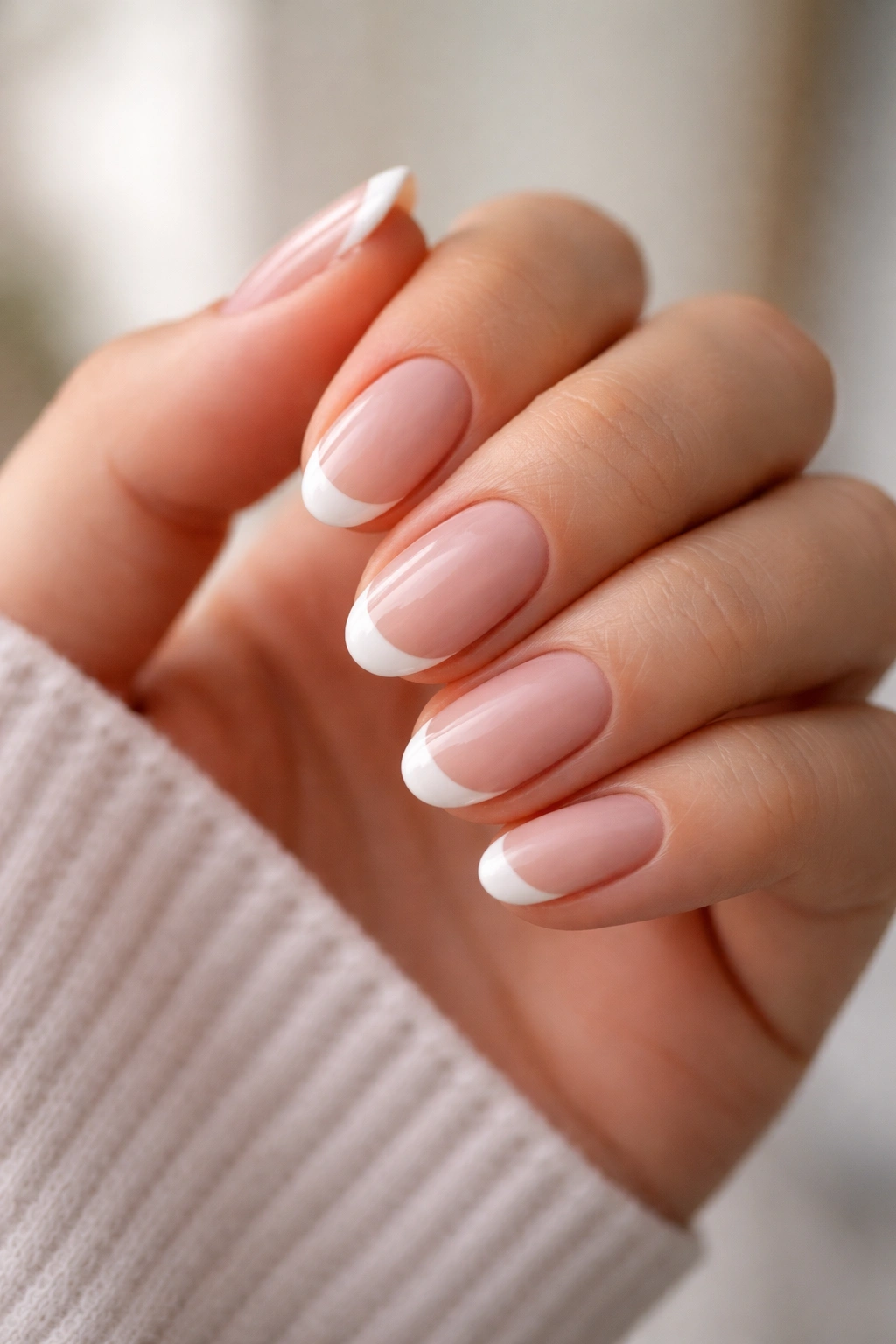 Short almond nails with tiny white tips close-up