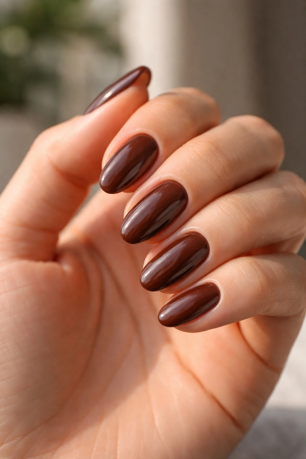 Close-up of a hand with short almond nails polished glossy brown, clean and neat