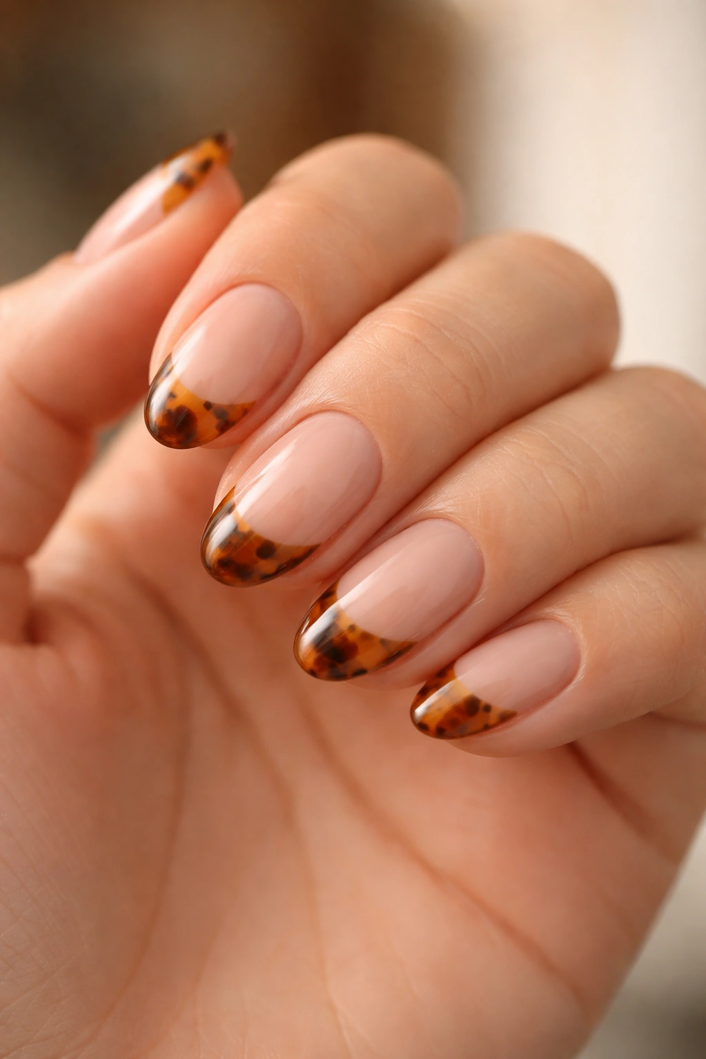 Close-up of short almond nails with brown tortoiseshell tips on a nude base