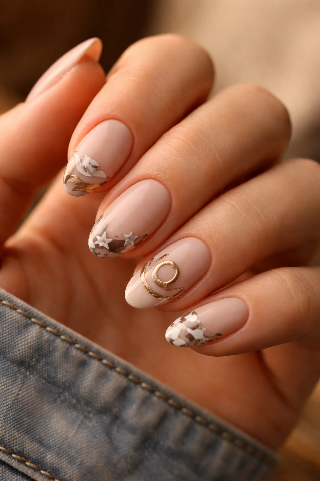 Close-up of short almond nails with neutral base and subtle western detailing
