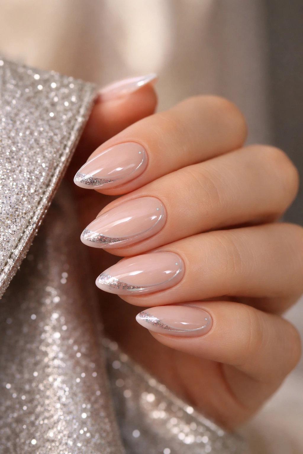 Close-up of short almond nails with chrome lines for a party look on a pale hand