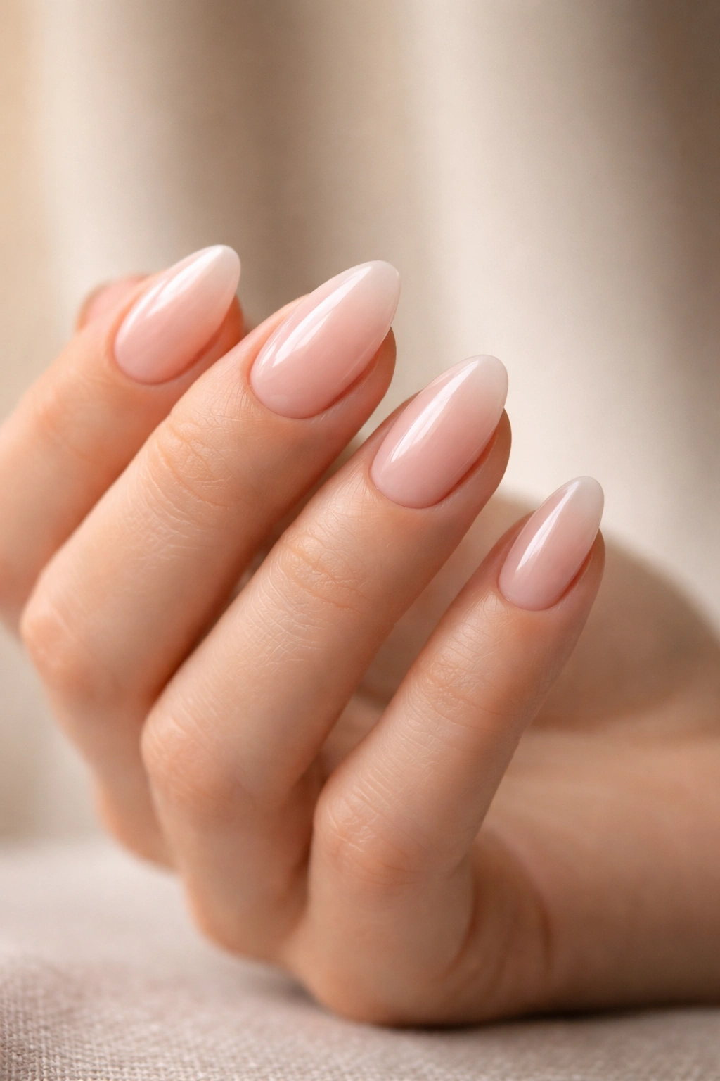 Close-up of short almond polygel nails with gentle taper and rounded tip