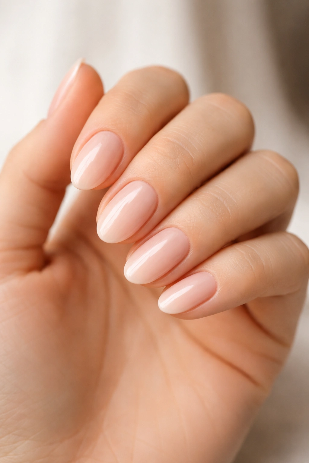 Close-up of hand showing soft, balanced short almond nail shape