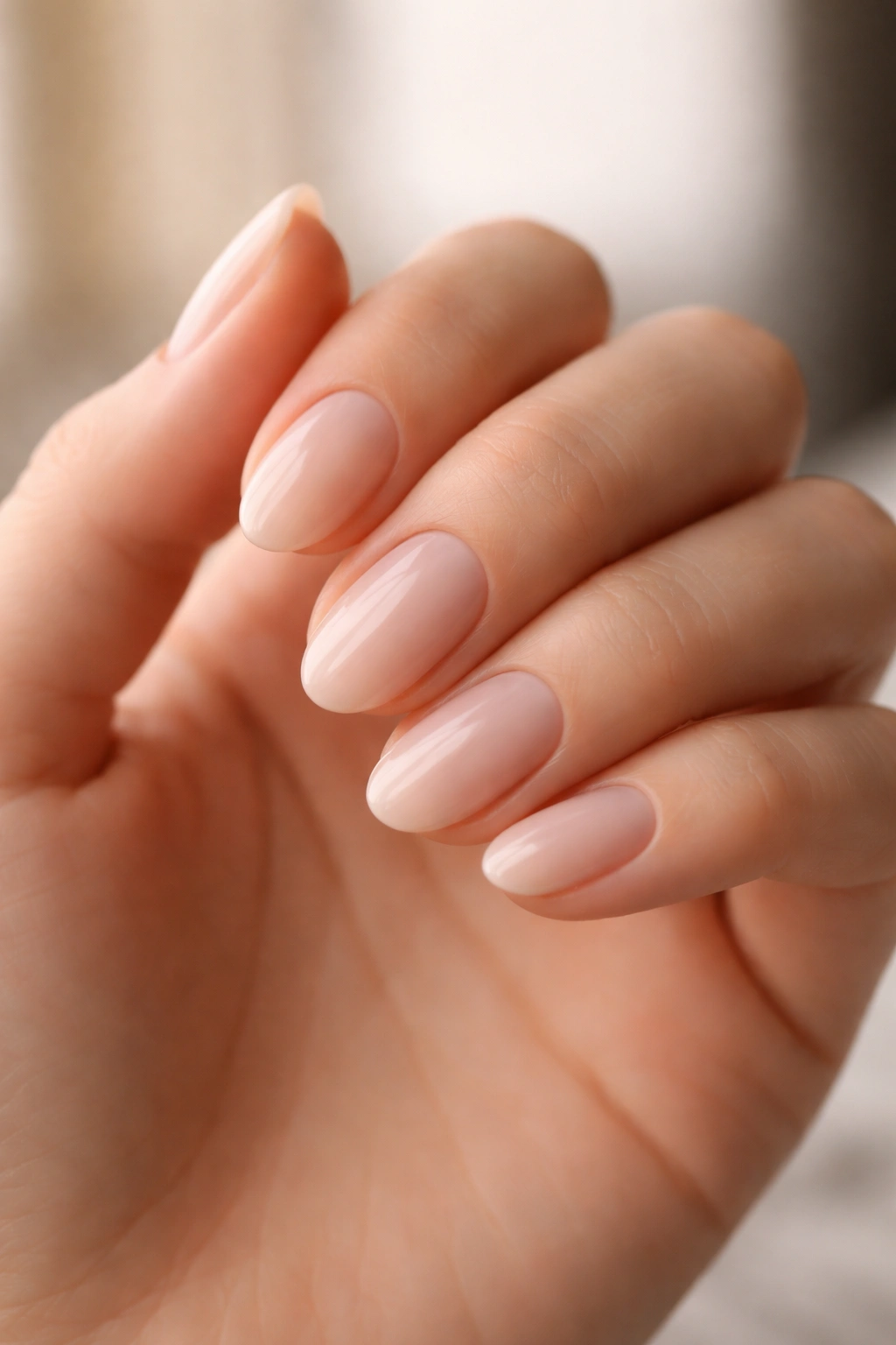 Close-up of a hand with short almond nails showing gentle taper