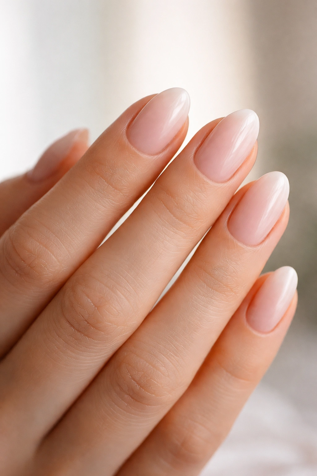 Hand displaying short almond nail shape with tapered sides and rounded tip