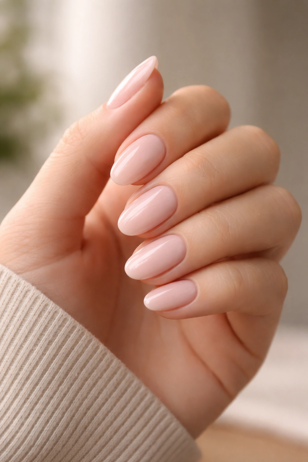 Close-up of a hand showing short almond nails with gentle taper and smooth edges