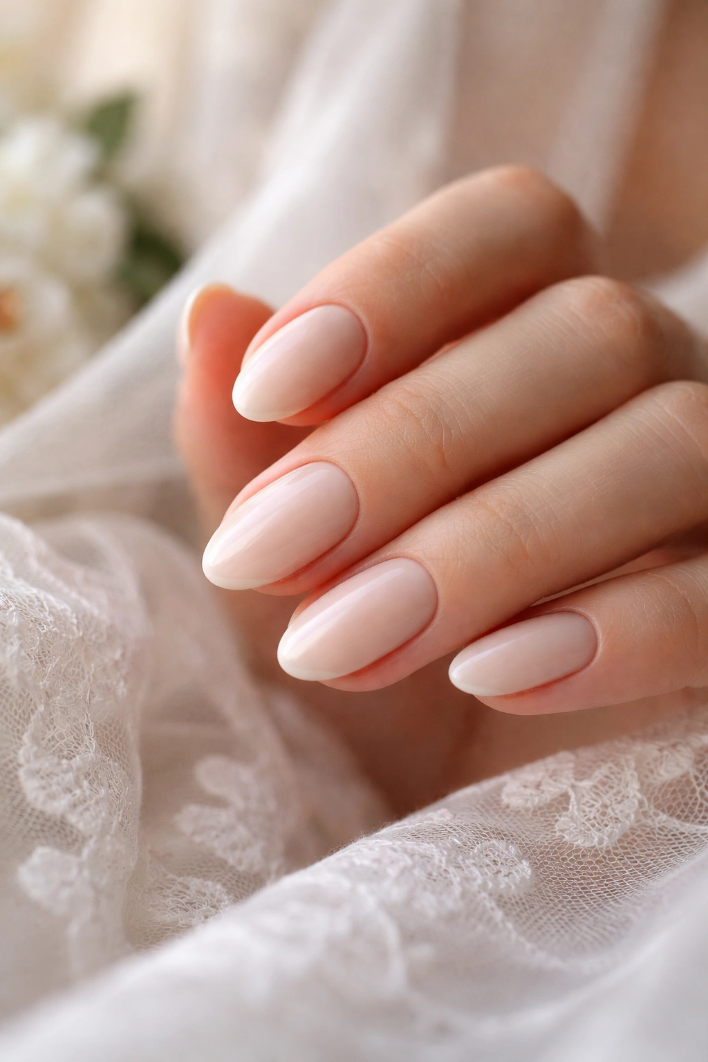 Close-up of hand with short almond nails in milky nude against bridal fabric