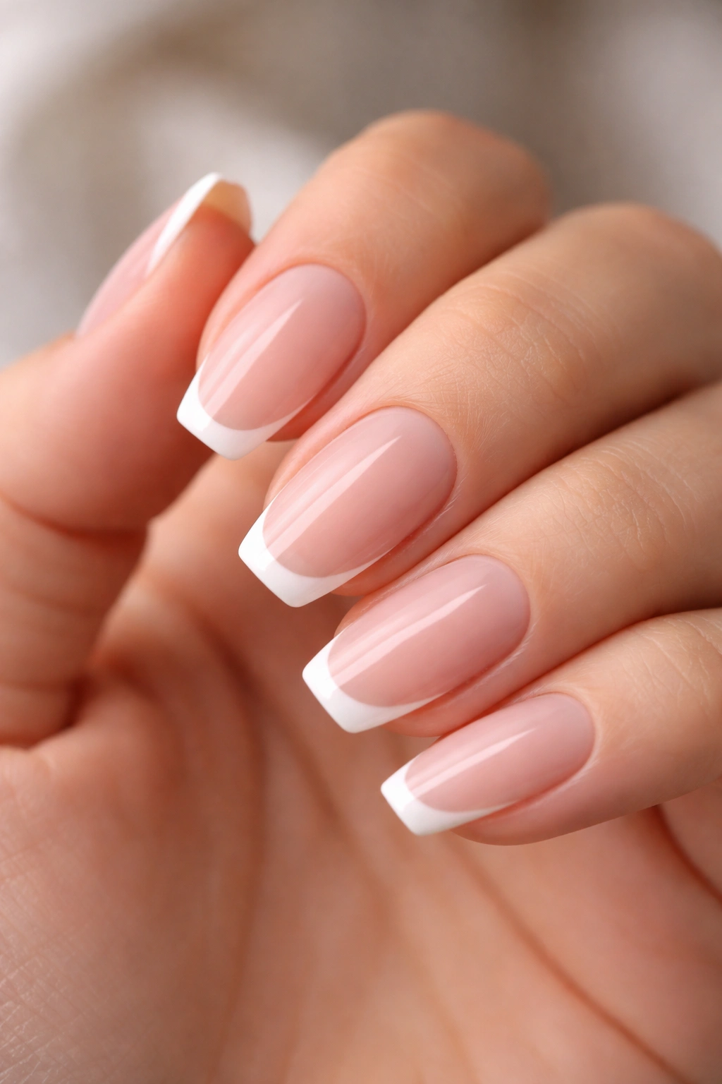 Short ballerina nails with thin white French edges on a rosy nude base