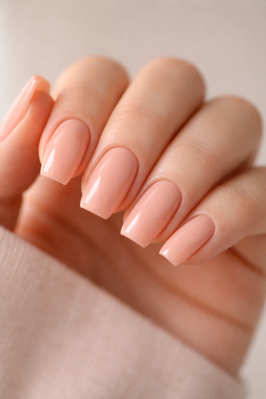 Close-up of short ballerina nails in soft peach nude
