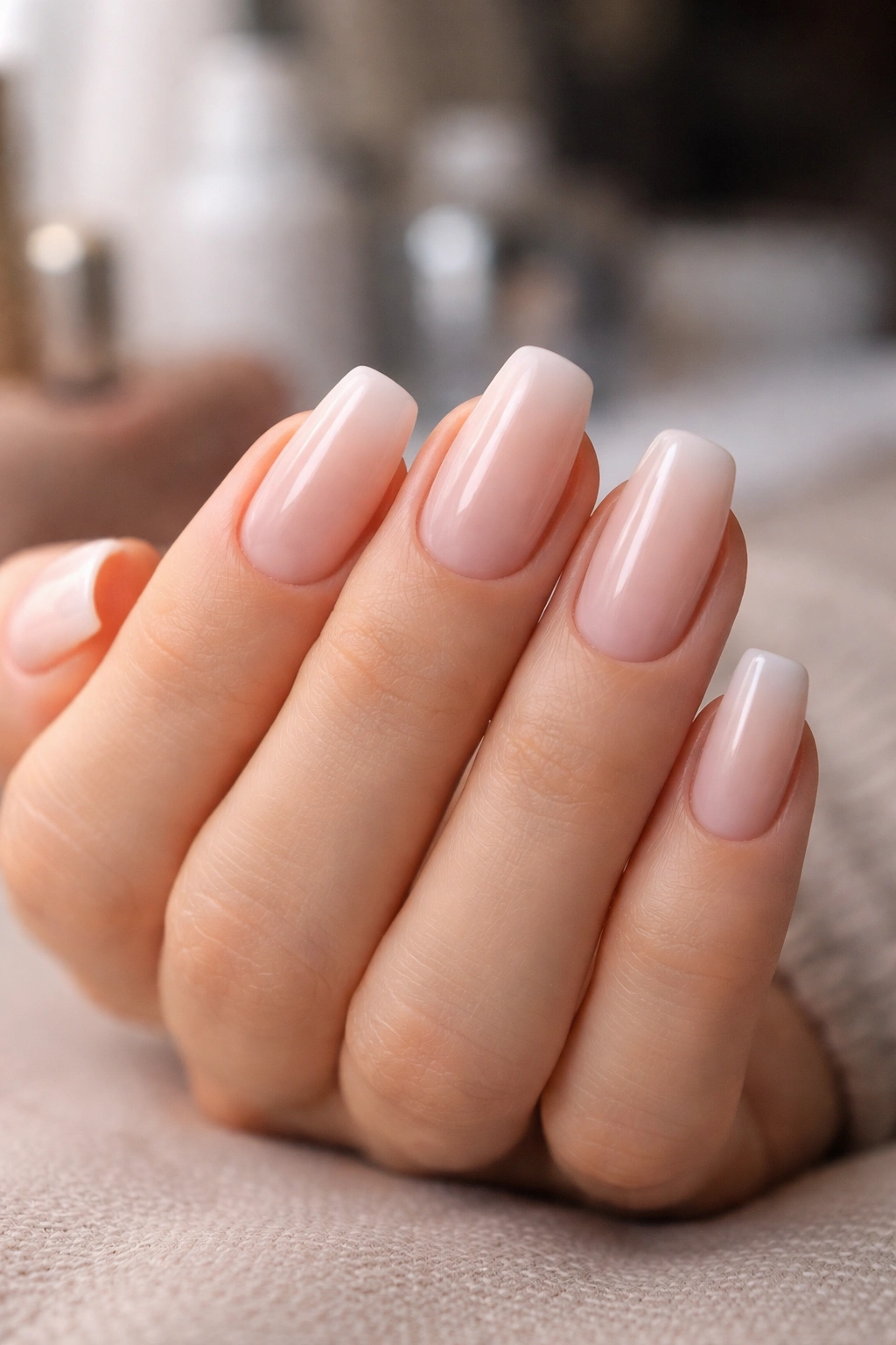 Close-up of short ballerina nails showing straight sides and tapered tips in soft studio lighting