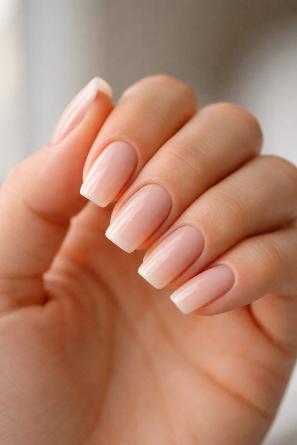 Close-up of short ballerina nails with lighter taper and flat tips in neutral lighting