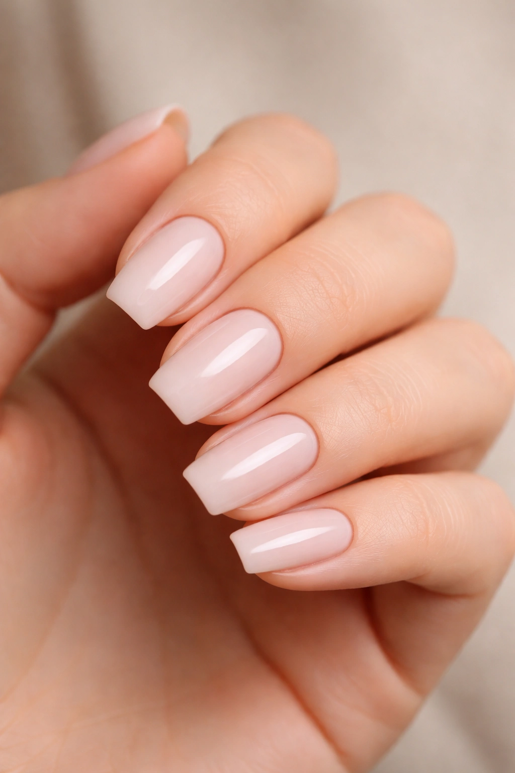 Close-up of short ballerina shape nails with soft taper and flat tips