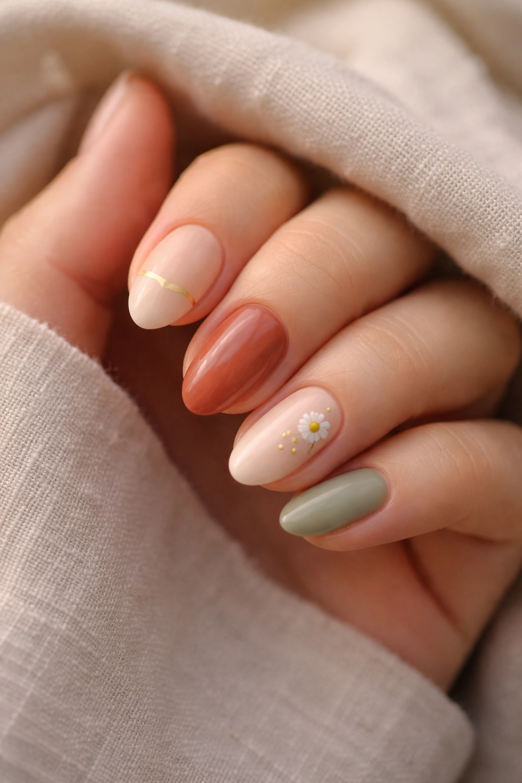 Short boho almond nails showing balanced spacing and subtle accents