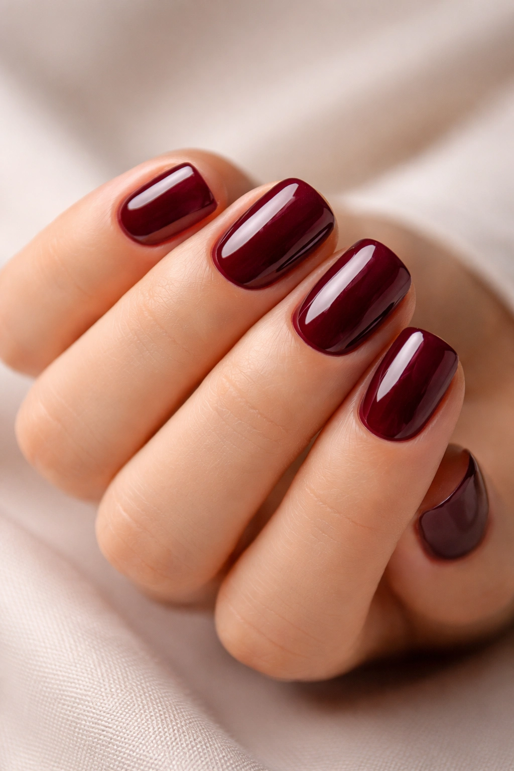 Short burgundy nails with glossy finish