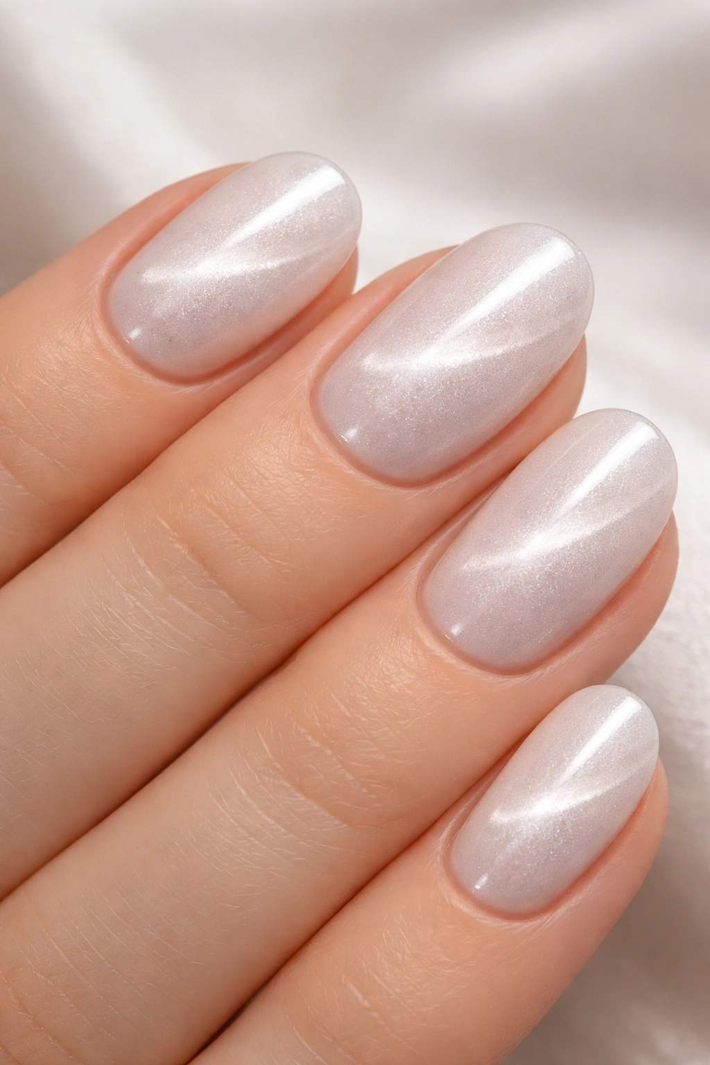 Close-up of short white cat eye nails showing concentrated shimmer