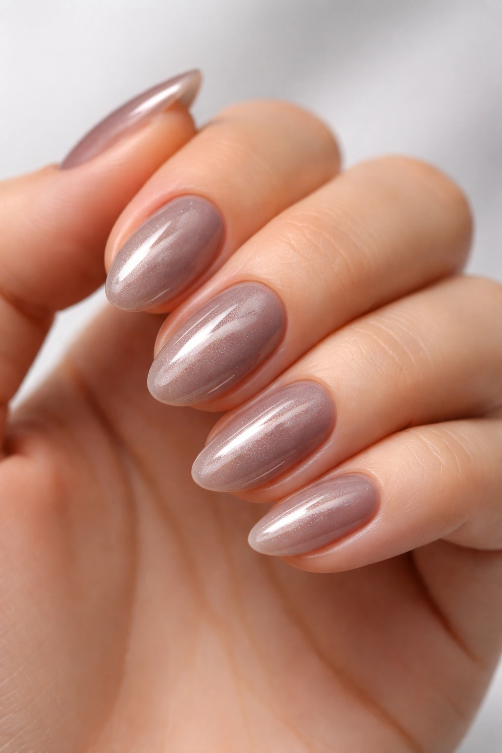 Close-up of neatly groomed short almond nails with clean cuticles