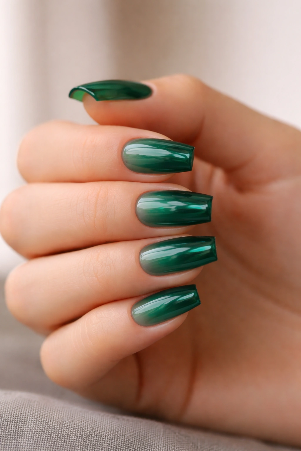 Hand with short translucent emerald glass ballerina nails