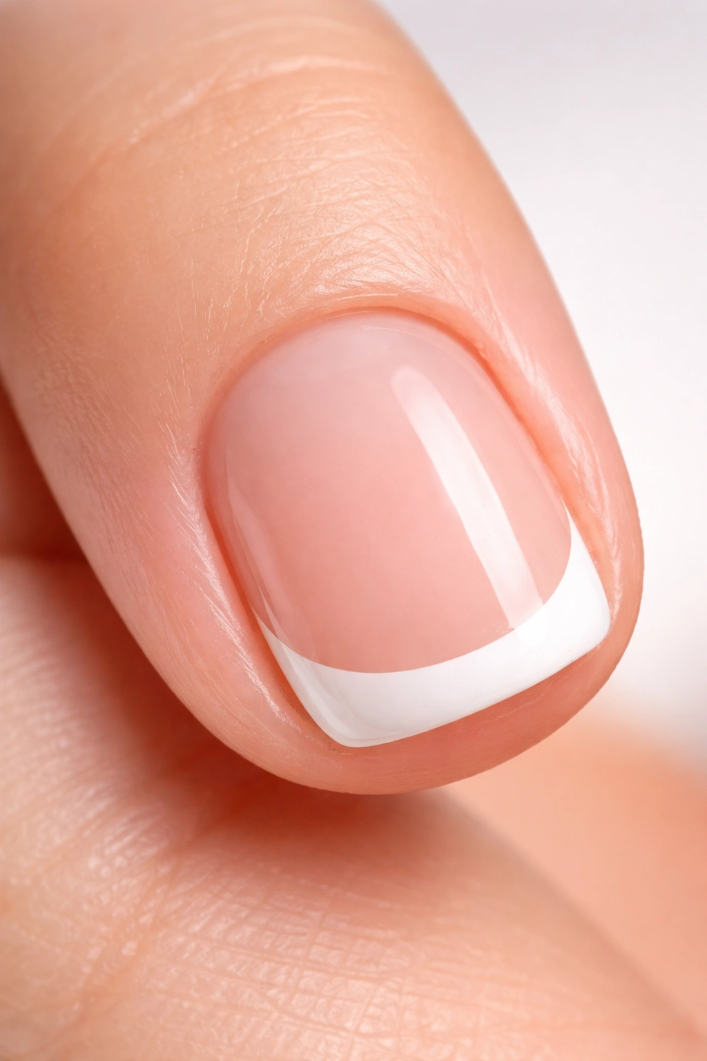 Close-up of a short nail with a correctly proportioned white tip 2-3mm from the edge