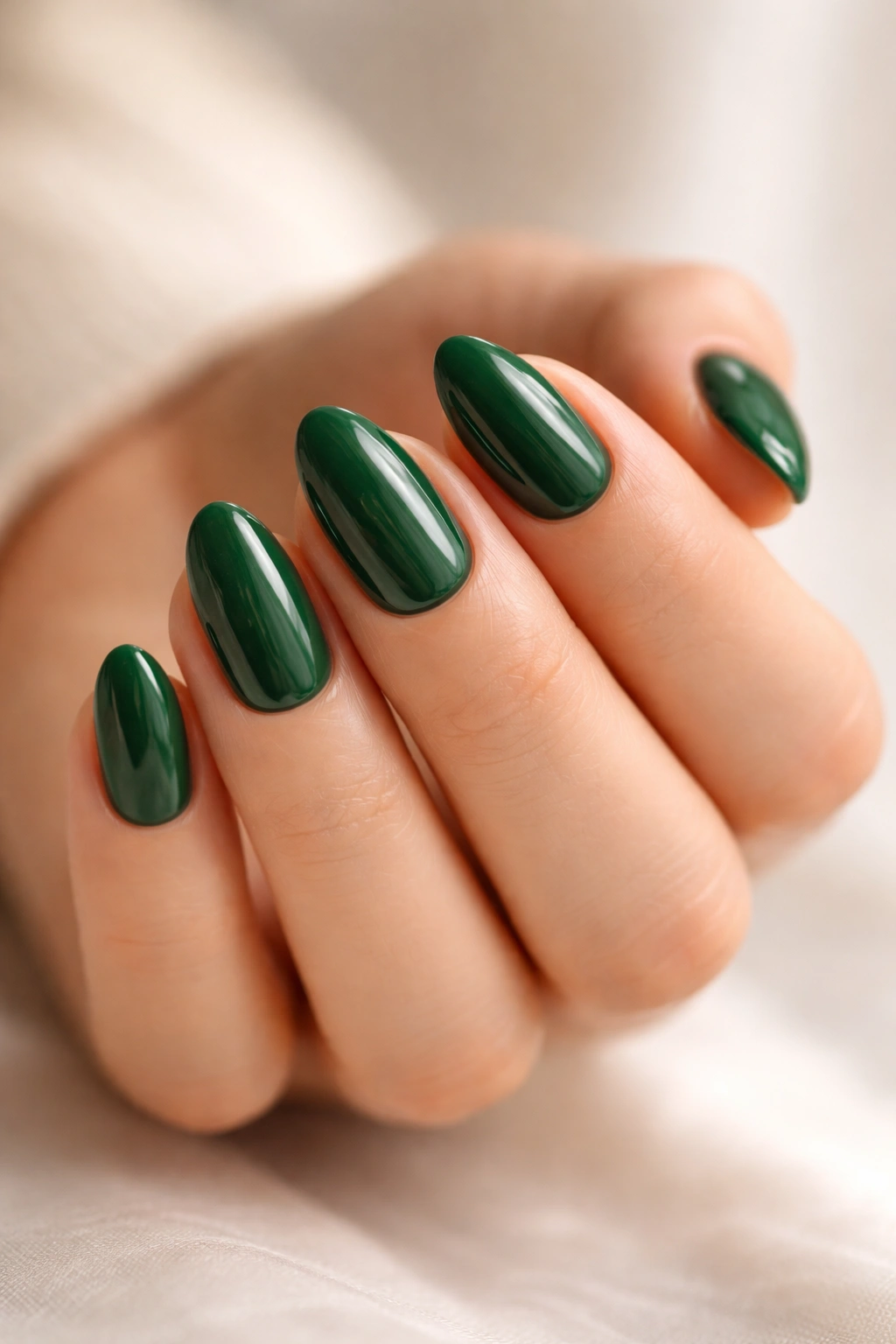 Close-up of short green almond nails with glossy finish and pristine cuticles