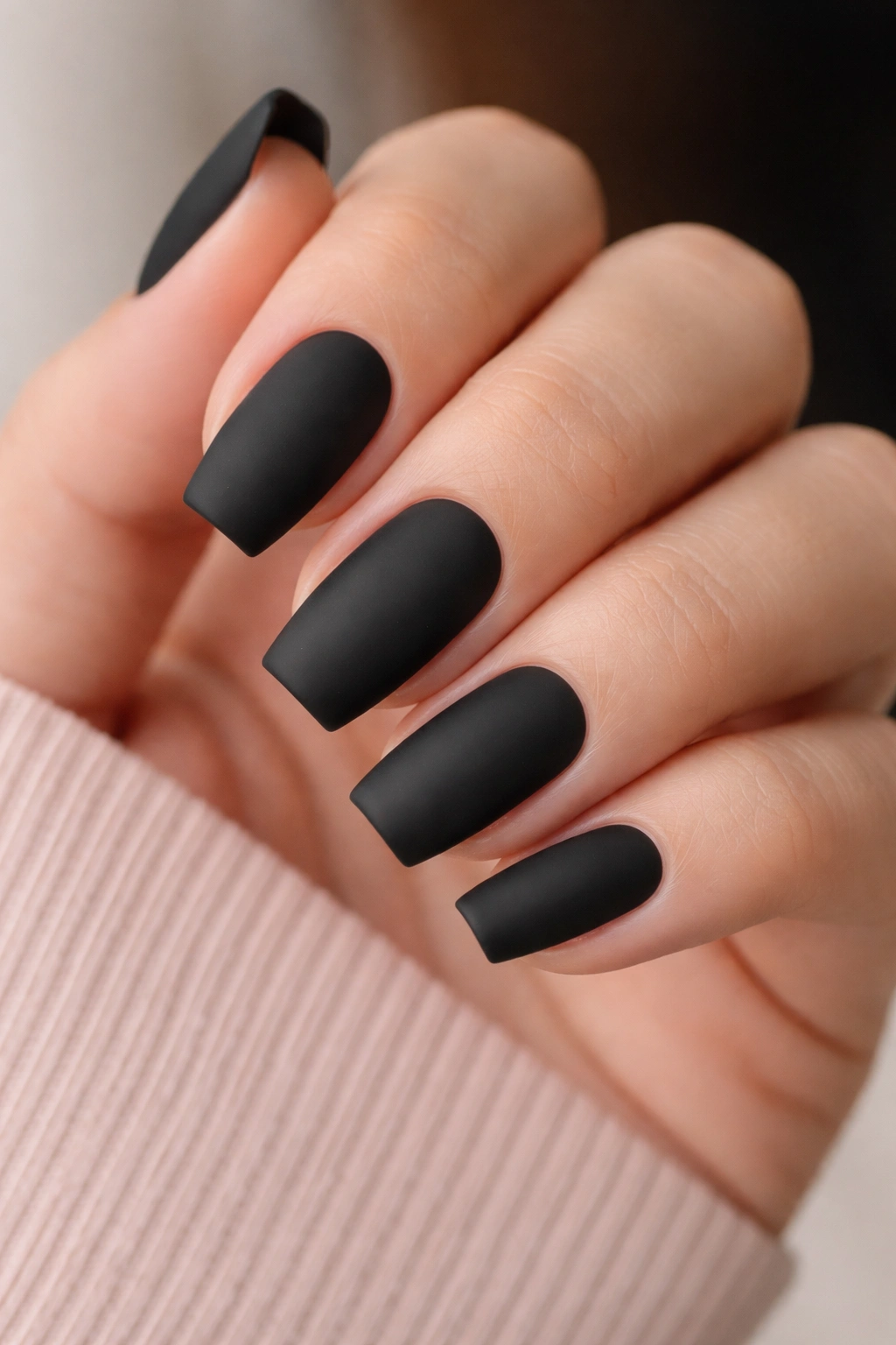 Close-up of short matte black ballerina nails on a hand.
