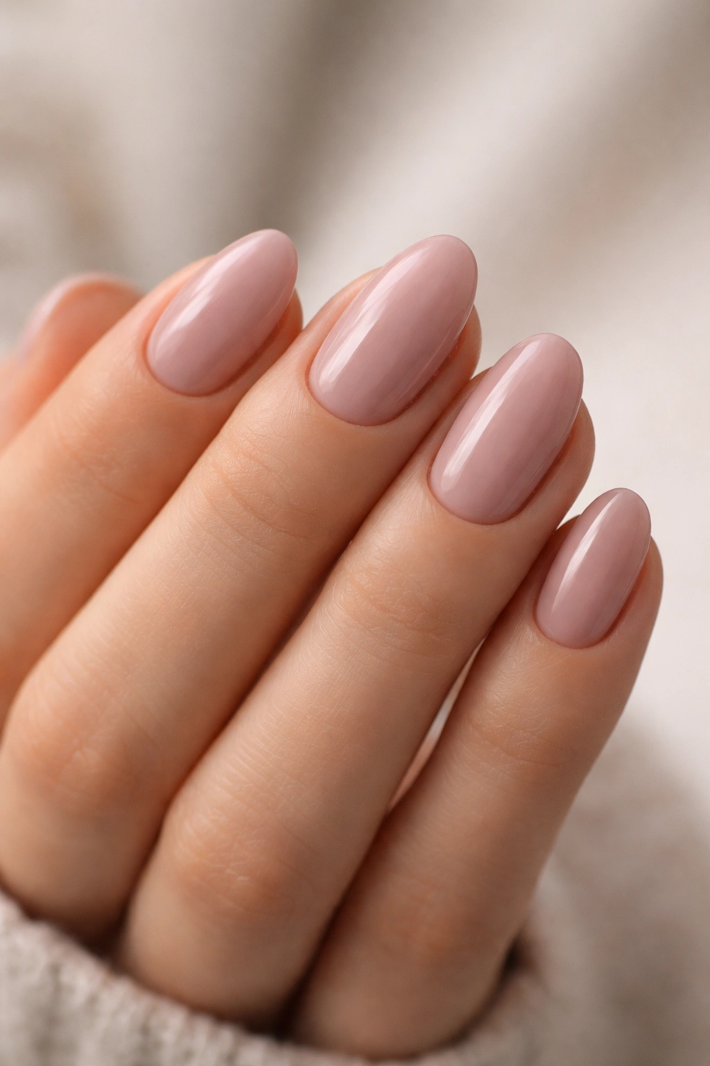 Close-up of clean, neatly groomed short mauve almond nails with tidy cuticles