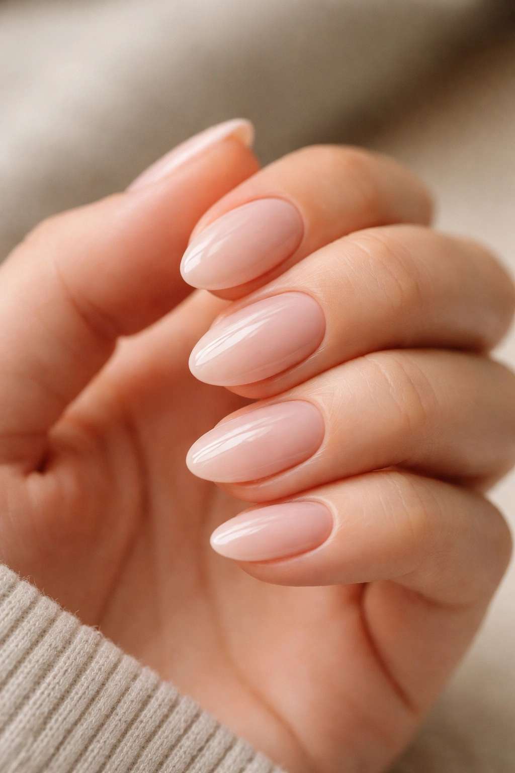 Close-up of short almond nails in milky pink