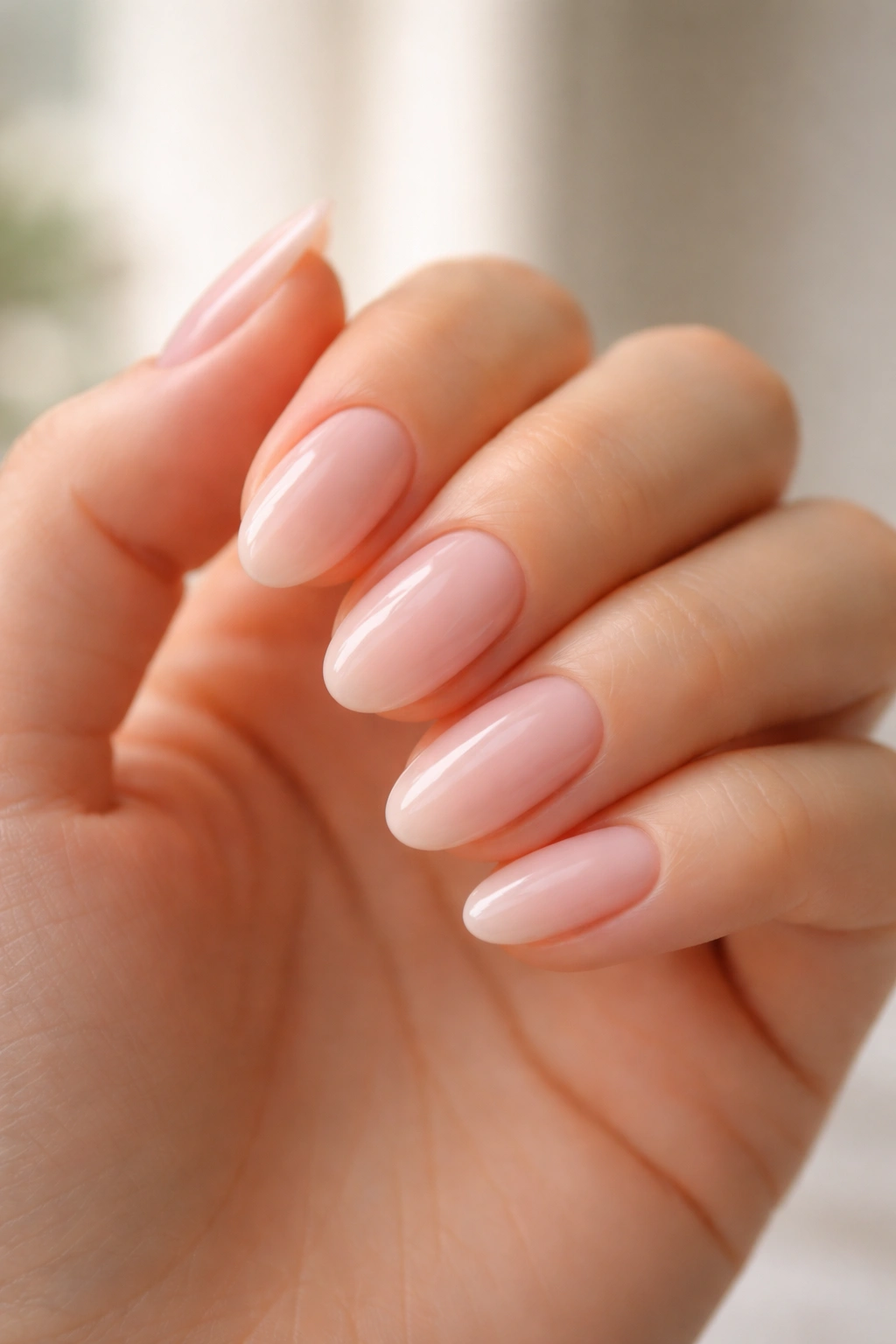 Close-up of well-maintained short milky pink almond nails with glossy finish