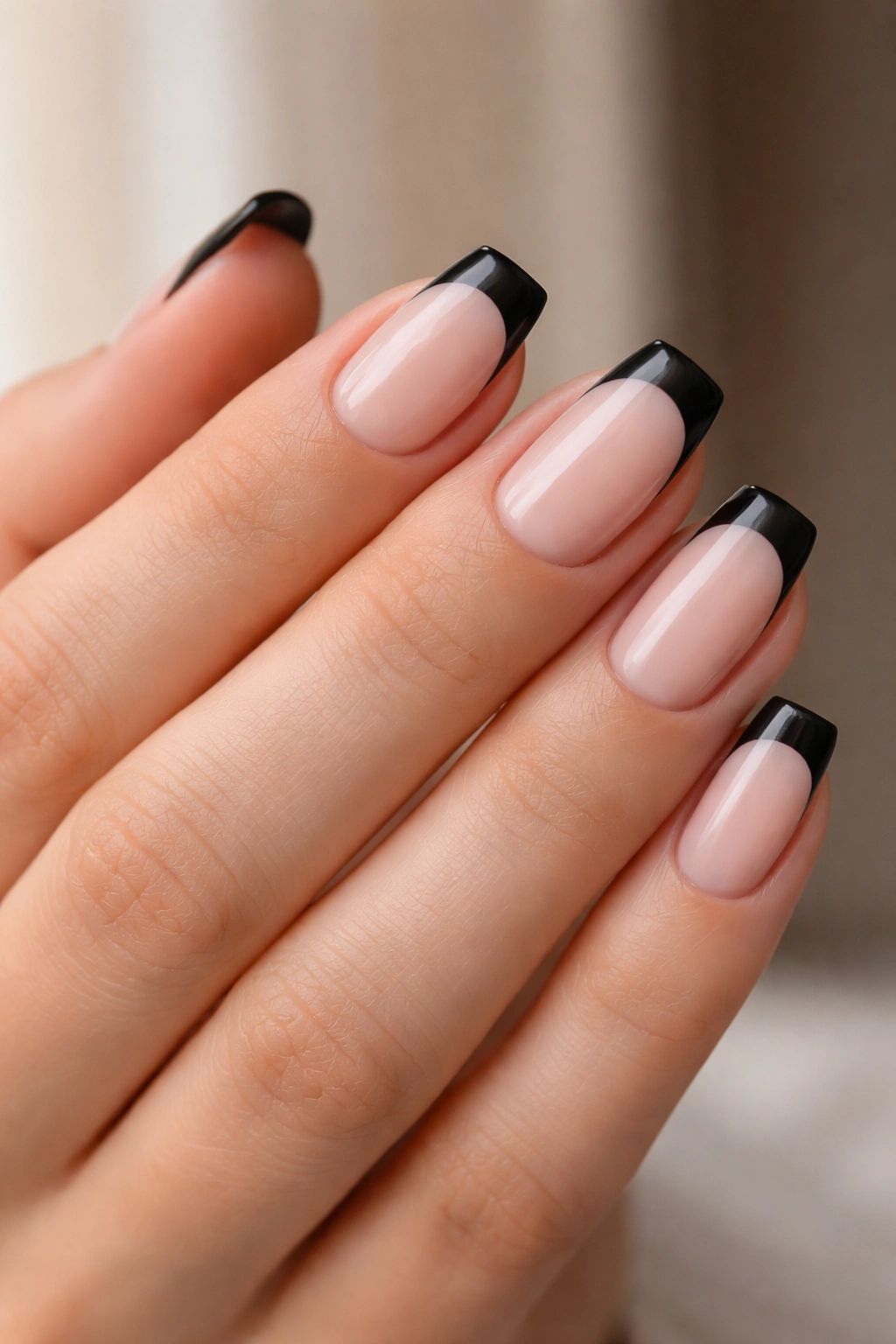 Close-up of short ballerina nails with squared black French corners