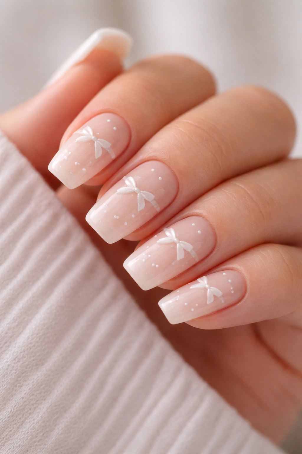 Close-up of short ballerina nails with mini coquette bows and micro dots