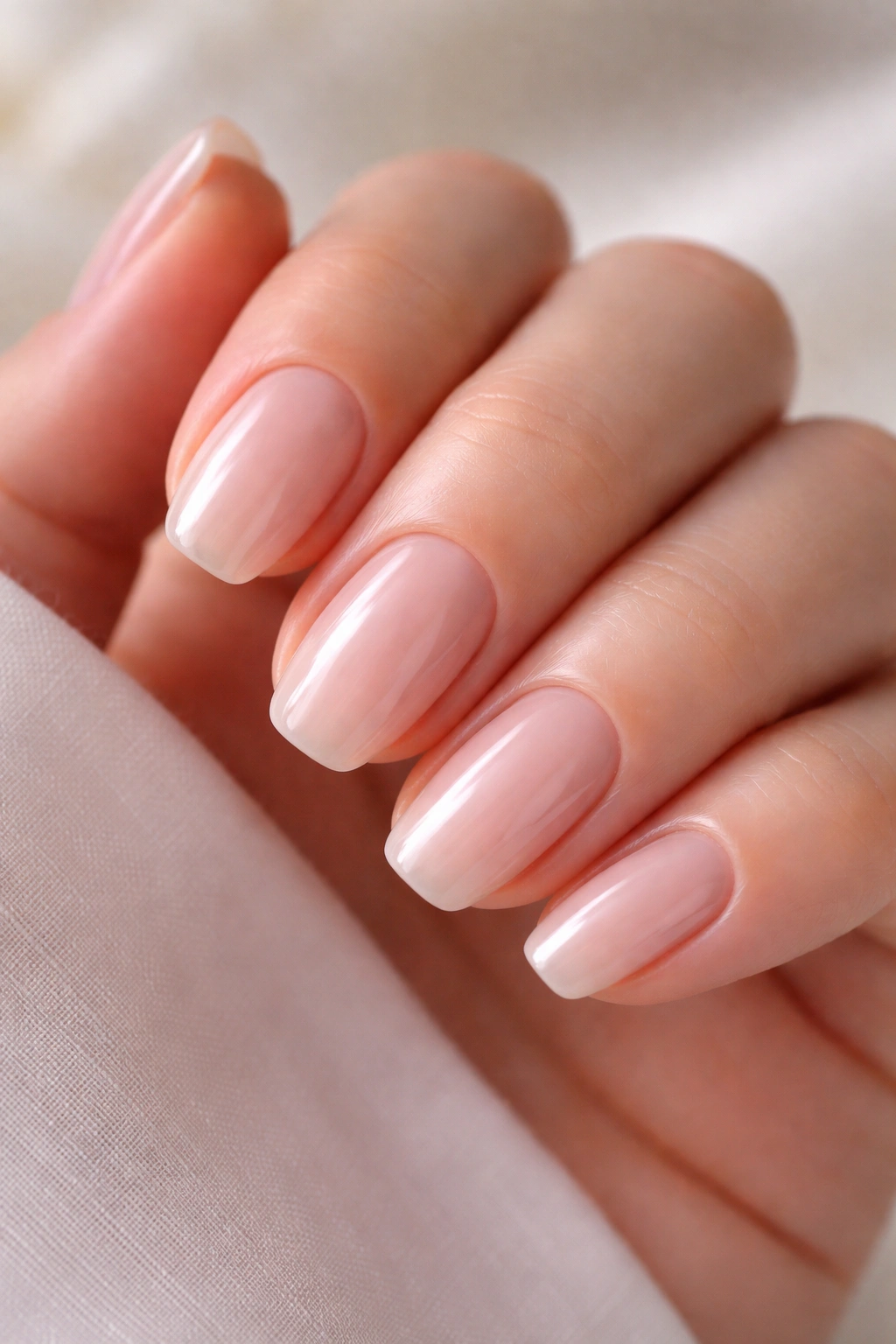 Close-up of short soap nails with translucent pink-beige polish