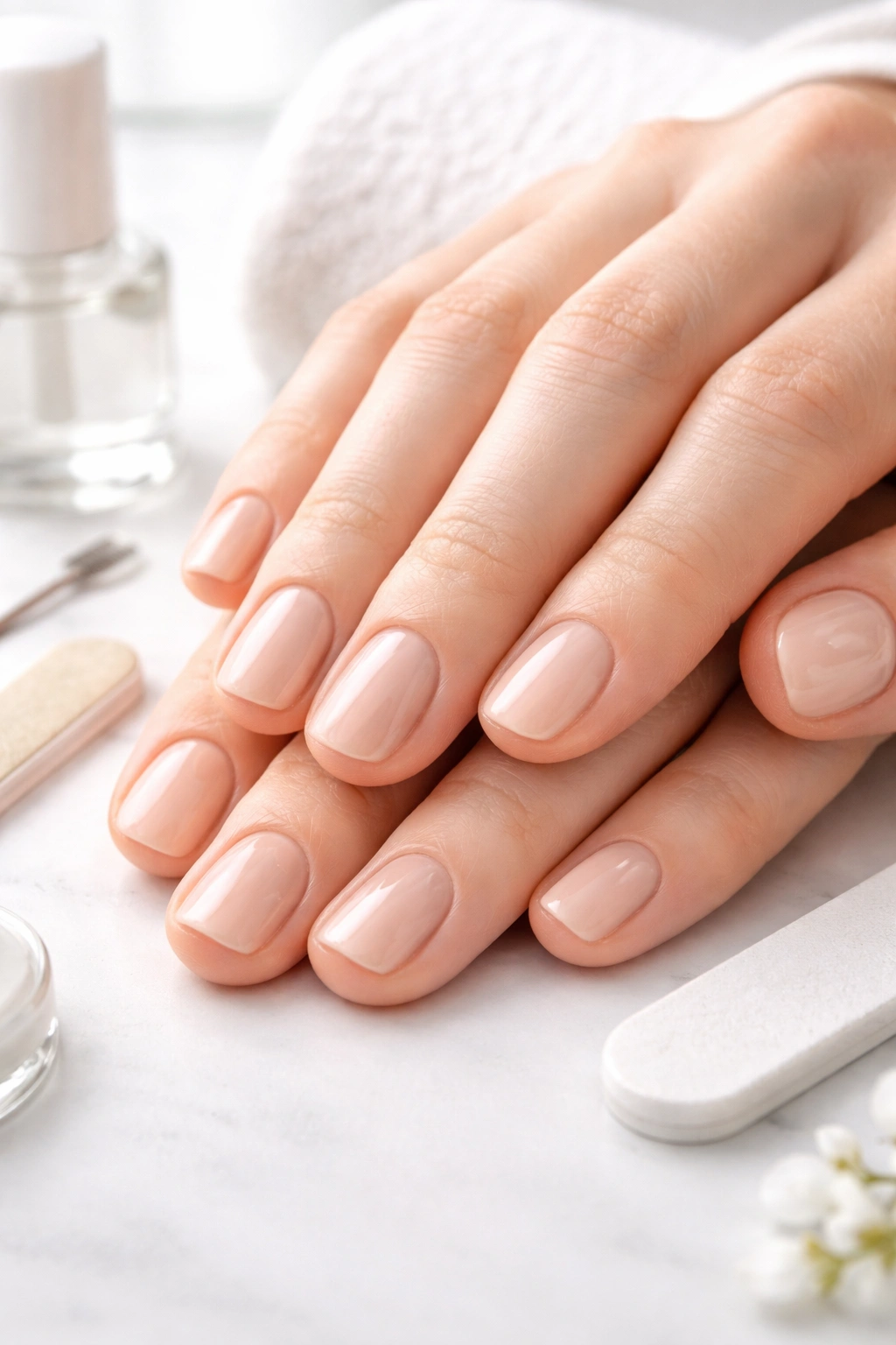 Hands with short nails sporting a sheer nude topcoat, minimal setup