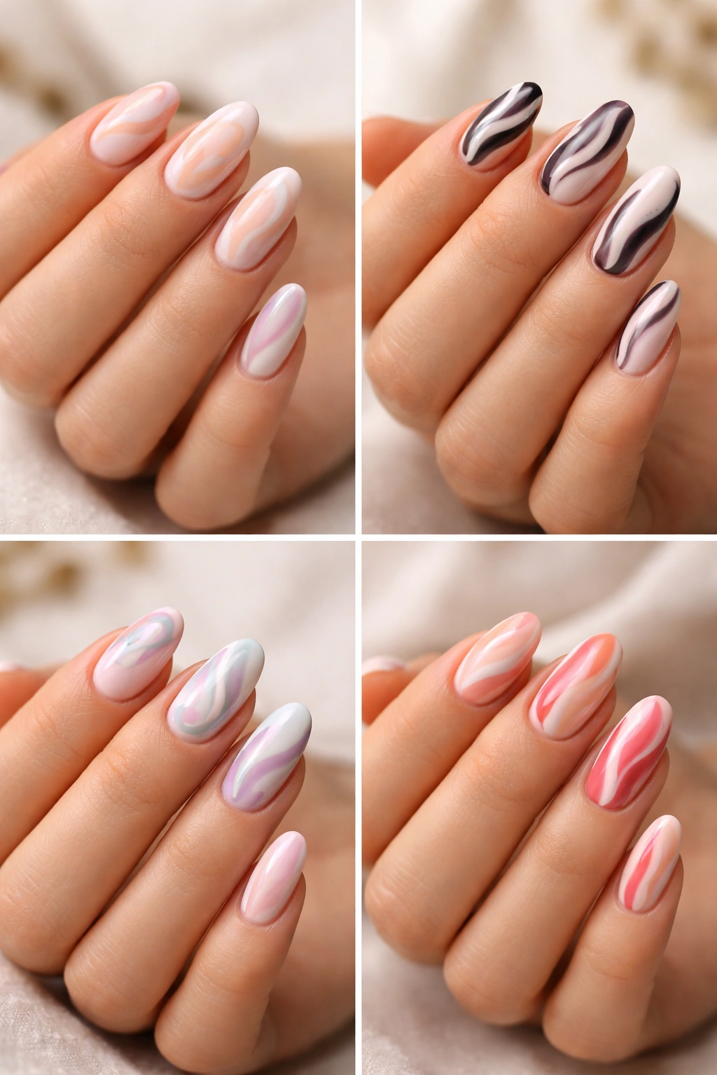 Close-up of short almond nails showing swirl variations to illustrate choosing styles