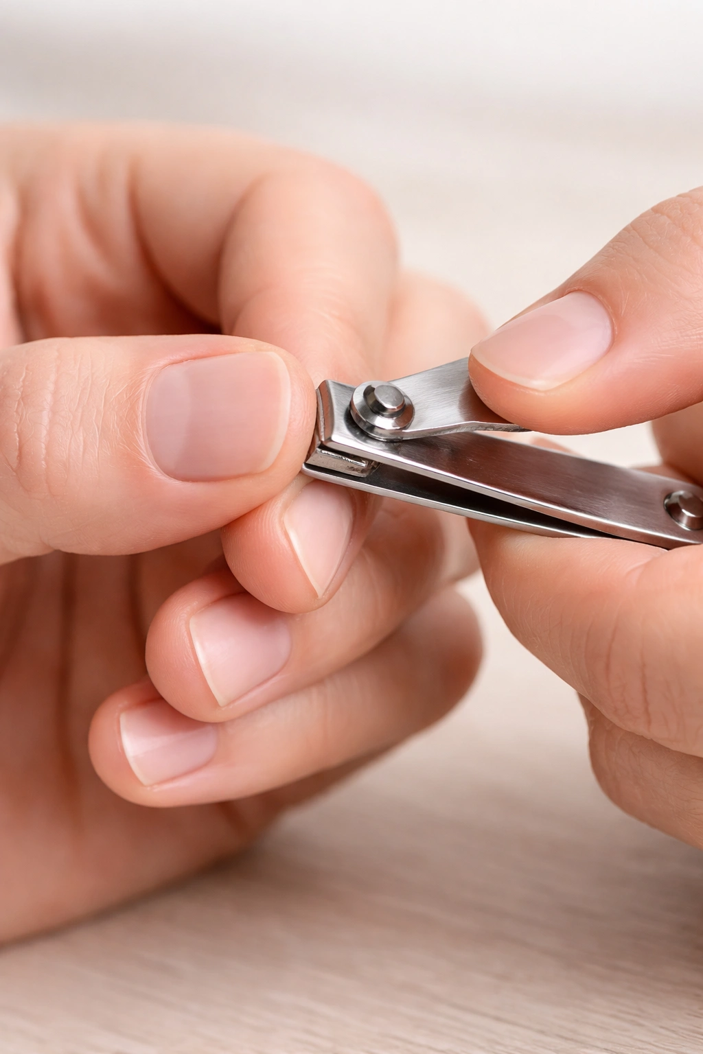 Close-up of hands with ultra-short nails and a nail clipper, emphasizing trimmed nails
