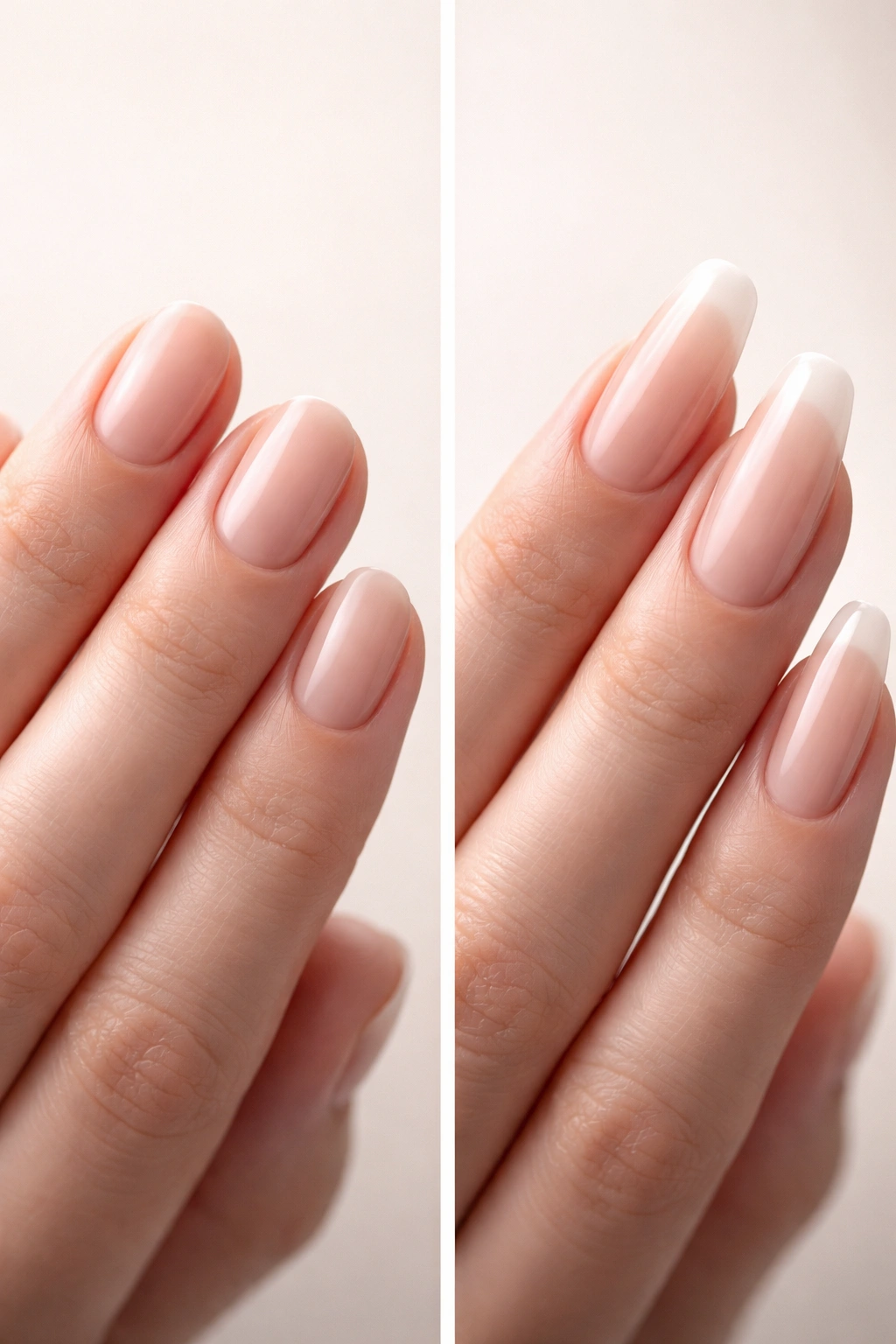 Close-up of short nails at fingertip length with neutral background