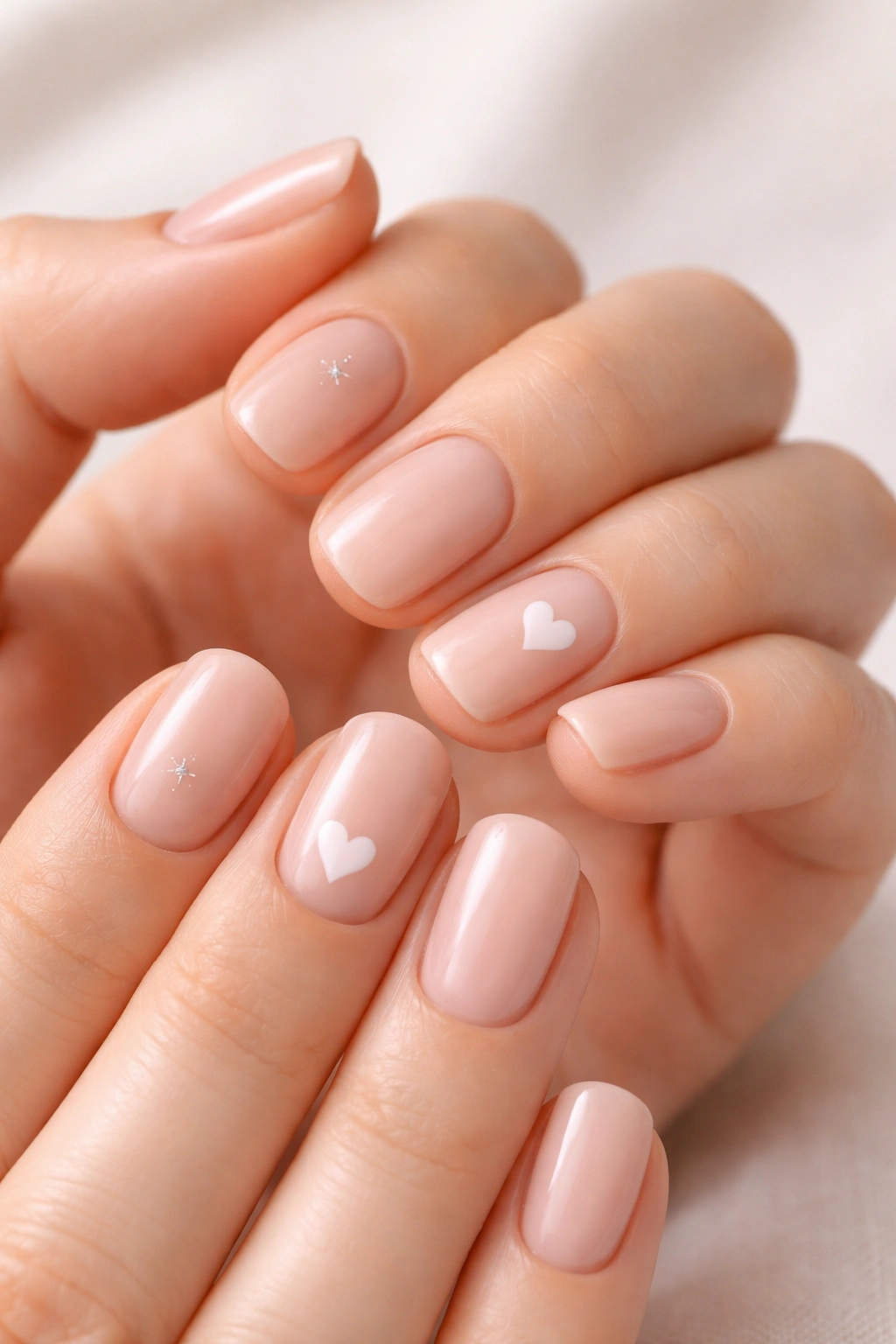 Short nude nails with tiny heart and star accents