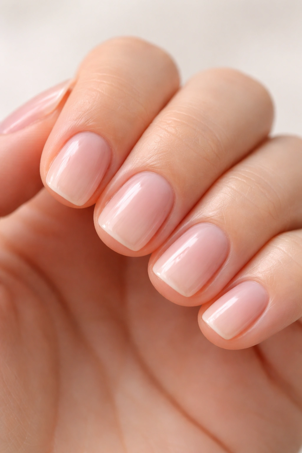 Close-up of ultra-short nails with glossy manicure and minimal edge wear