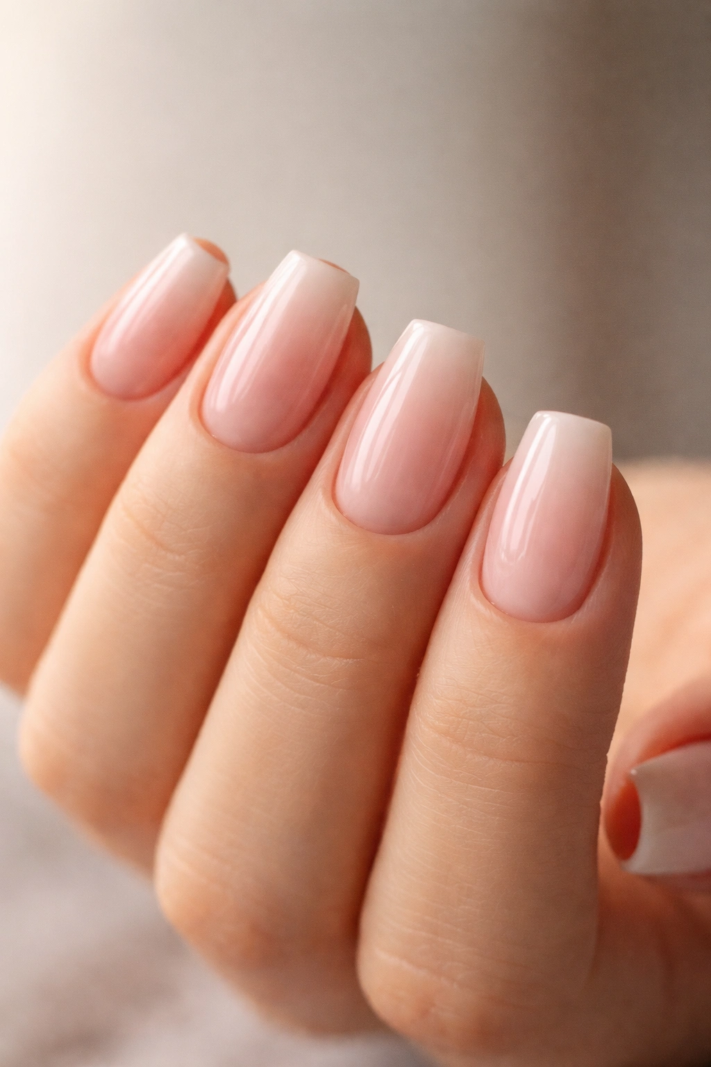 Close-up of short ballerina nails with blunt flat tips and straight sidewalls.