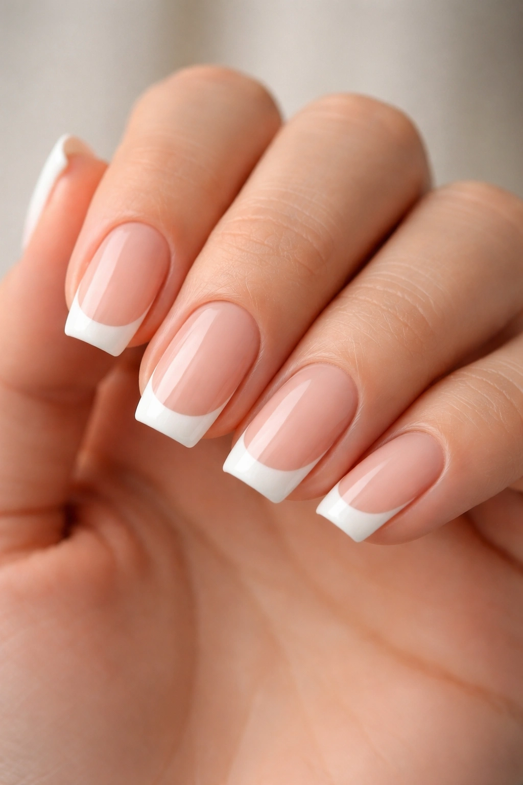 Short ballerina nails with a flat, narrow white edge