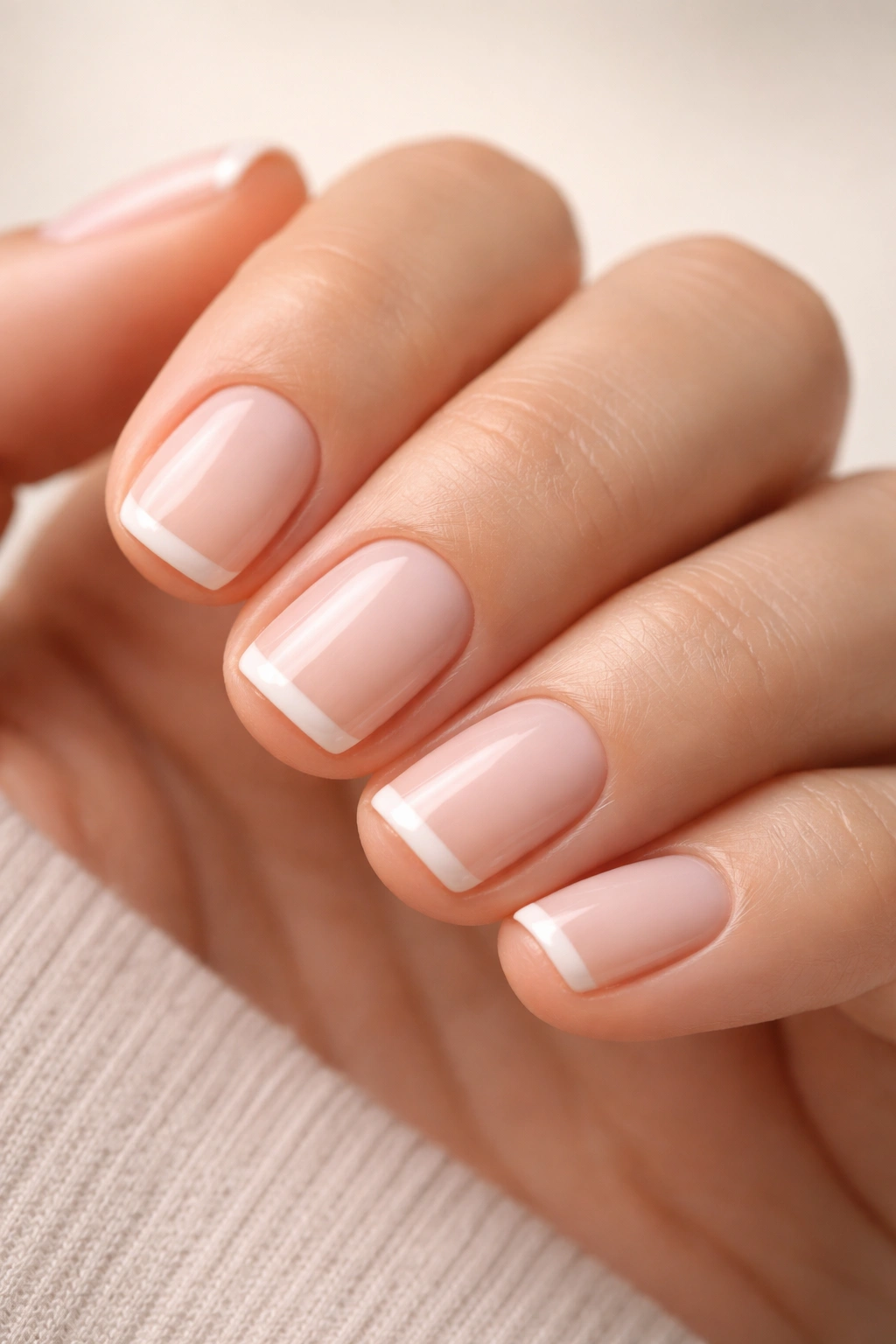 Close-up of very short squoval nails with classic French tips and negative space