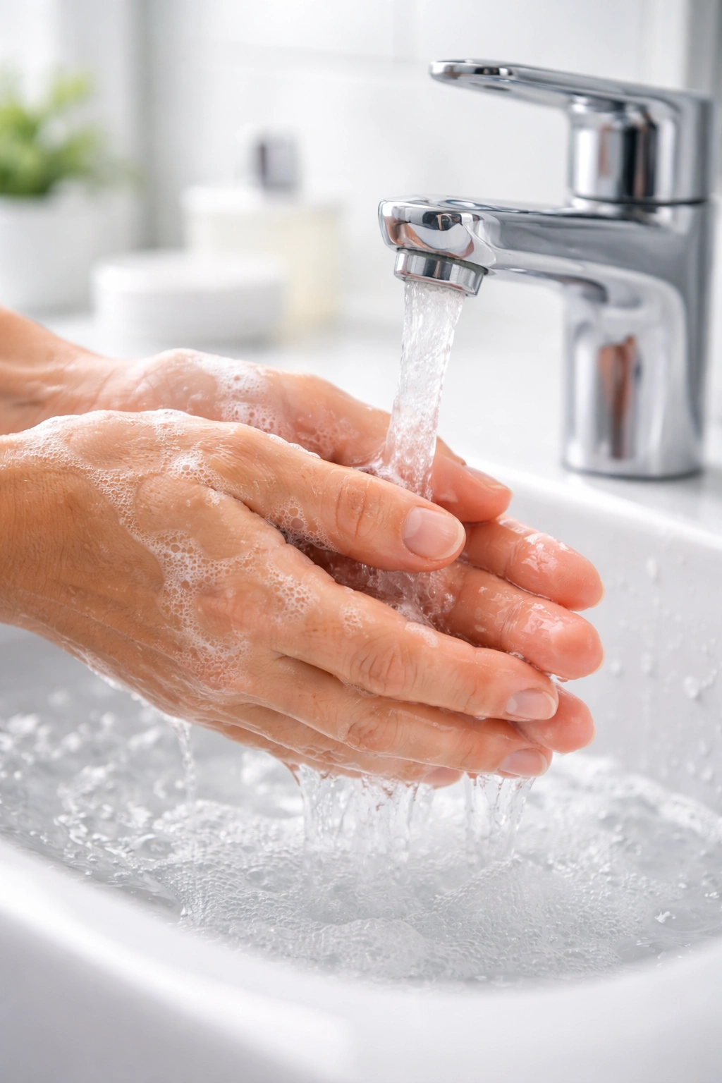 Hands with short nails being washed under water to illustrate hygiene benefits