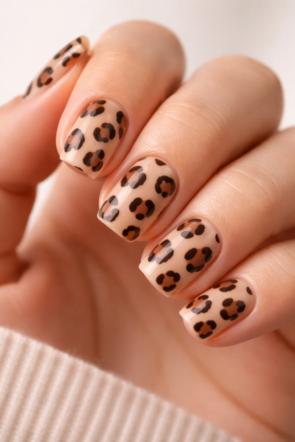 Close-up of short nails with bold leopard print on square tips