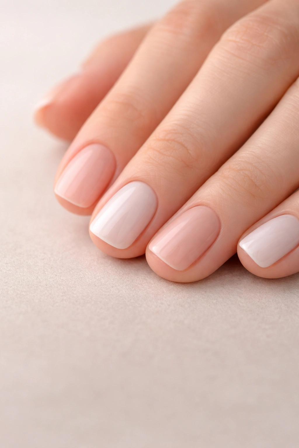 Close-up of a hand with short manicured nails on a neutral surface