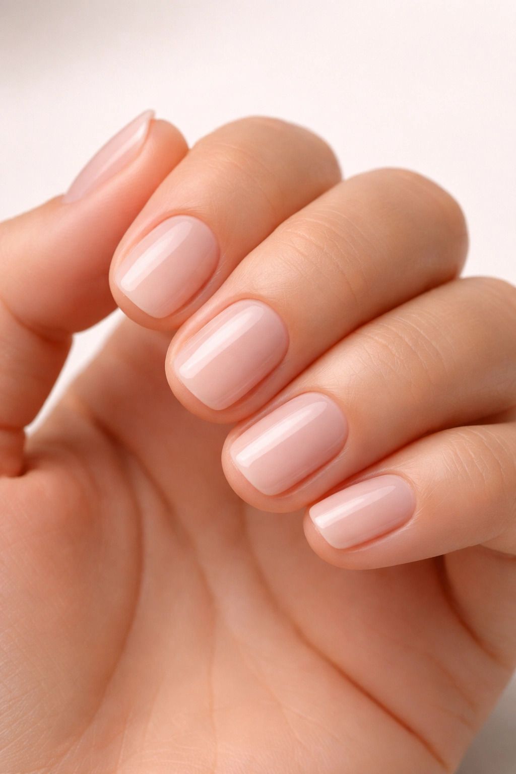 Close-up of short nails with neutral polish on a clean hand