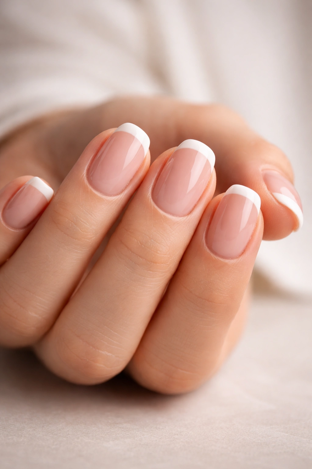 Close-up of a hand with short elegant nails featuring French tips on a neutral background